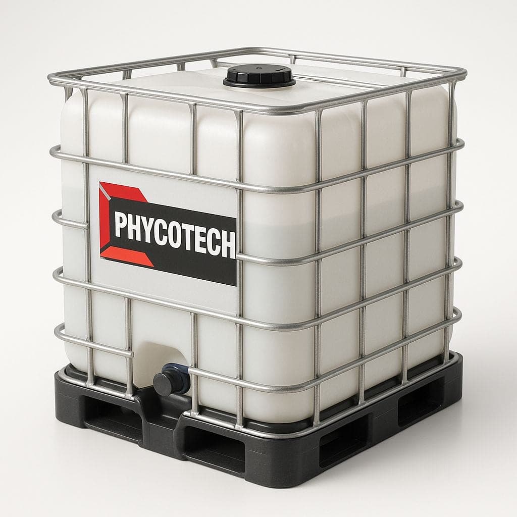 Contenedor IBC de PHYCOTECH sobre tarima, con el logotipo de la marca al frente